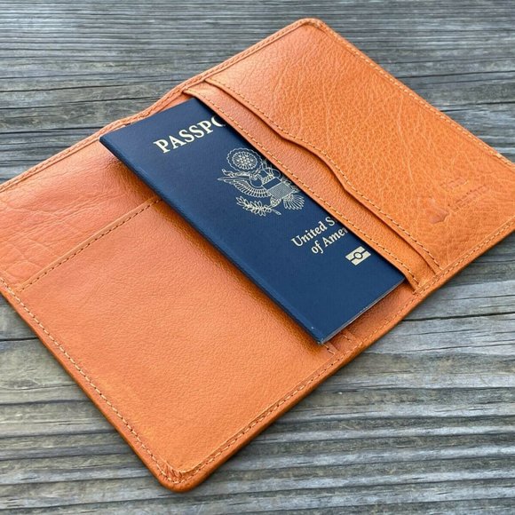 Leather Passport Holder Handmade Mustard Genuine Leather Bi Fold Travel Wallet - Picture 6 of 12